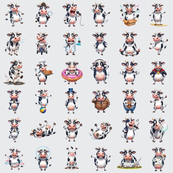 90+ Funny Cow Clipart Bundle – Holstein Cow Clipart, Cow Print PNGs, Cartoon Farm Animal Art for Sublimation, Stickers & Crafts - Image 3