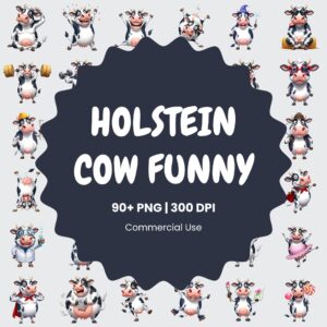 90+ Funny Cow Clipart Bundle – Holstein Cow Clipart, Cow Print PNGs, Cartoon Farm Animal Art for Sublimation, Stickers & Crafts