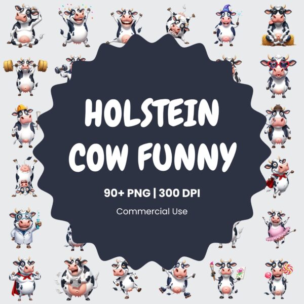 90+ Funny Cow Clipart Bundle – Holstein Cow Clipart, Cow Print PNGs, Cartoon Farm Animal Art for Sublimation, Stickers & Crafts